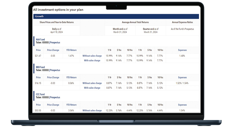 An image of the investment options screen on a laptop, showing details on investment options available in the plan.