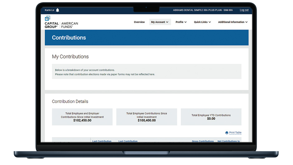 An image of the Contributions screen on a laptop, showing a breakdown of account contributions.