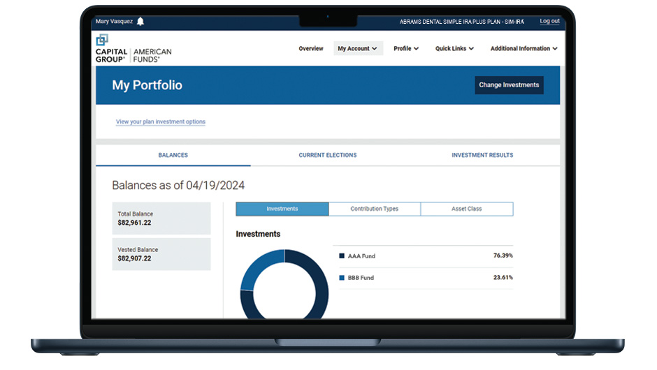 An image of the My Portfolio screen on a laptop. The Balances section displays the participant’s balance and a pie chart breaking down the participant’s investments.