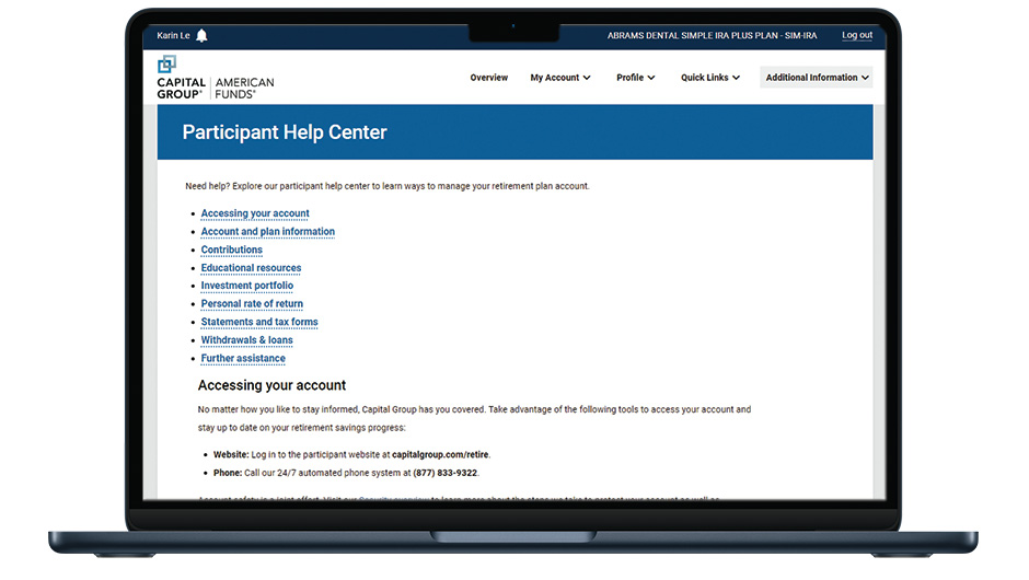 An image of the Participant Help Center on a laptop, showing a list of links to different sections with information on account access, educational resources and other topics.