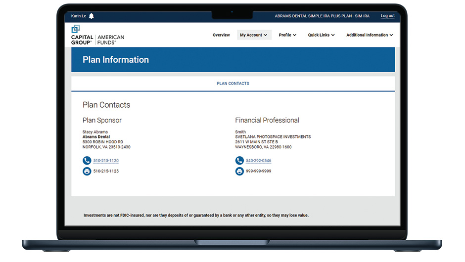 An image of the Plan Information screen on a laptop, showing information for plan contacts including the plan sponsor and financial professional.