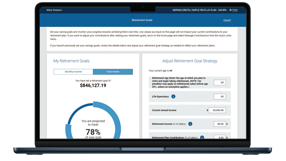 An image of the My Retirement Goals calculator on a laptop, showing the participant is projected to reach 78% of their goal. The screen includes fields where the participant can input information to adjust their retirement goal strategy.