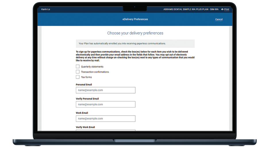 An image of the eDelivery Preferences screen on a laptop, showing participants can sign up for paperless electronic communications for quarterly statements, transaction confirmations or tax forms and enter email address information.