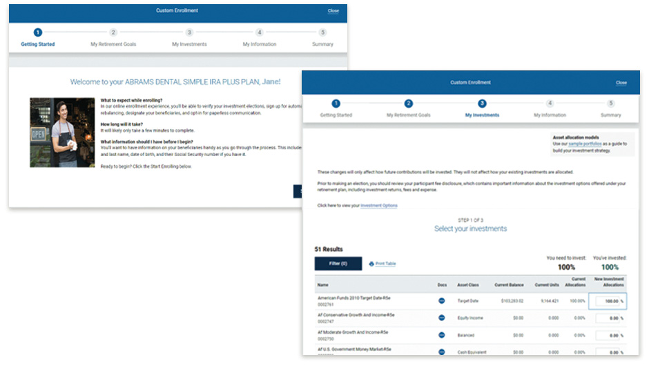 A composite image of two screenshots from the online enrollment flow. The first screen shows the Getting Started step, with information on the online enrollment process. The second screen shows a portion of the Custom Enrollment flow. 