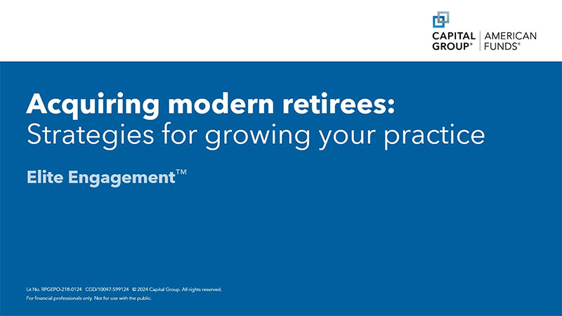 Title slide for the presentation Acquiring modern retirees: Strategies for growing your practice Elite Engagement trademarked