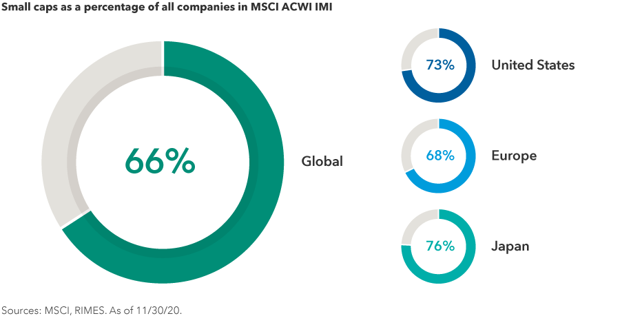The chart shows small-cap companies as a percentage of all companies in the MSCI All Country World Index Investable Market Index for four markets. Percentages are as follows: global, 66%; United States, 73%; Europe, 68%; Japan, 76%. Sources: MSCI, RIMES. As of November 30, 2020.