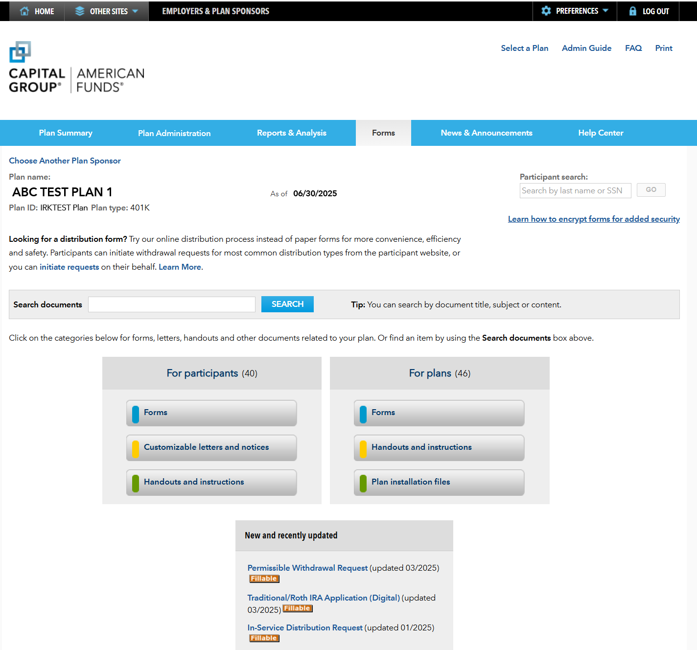 : Image shows the Forms page, which groups forms for participants, for plans, and new and recently added.
