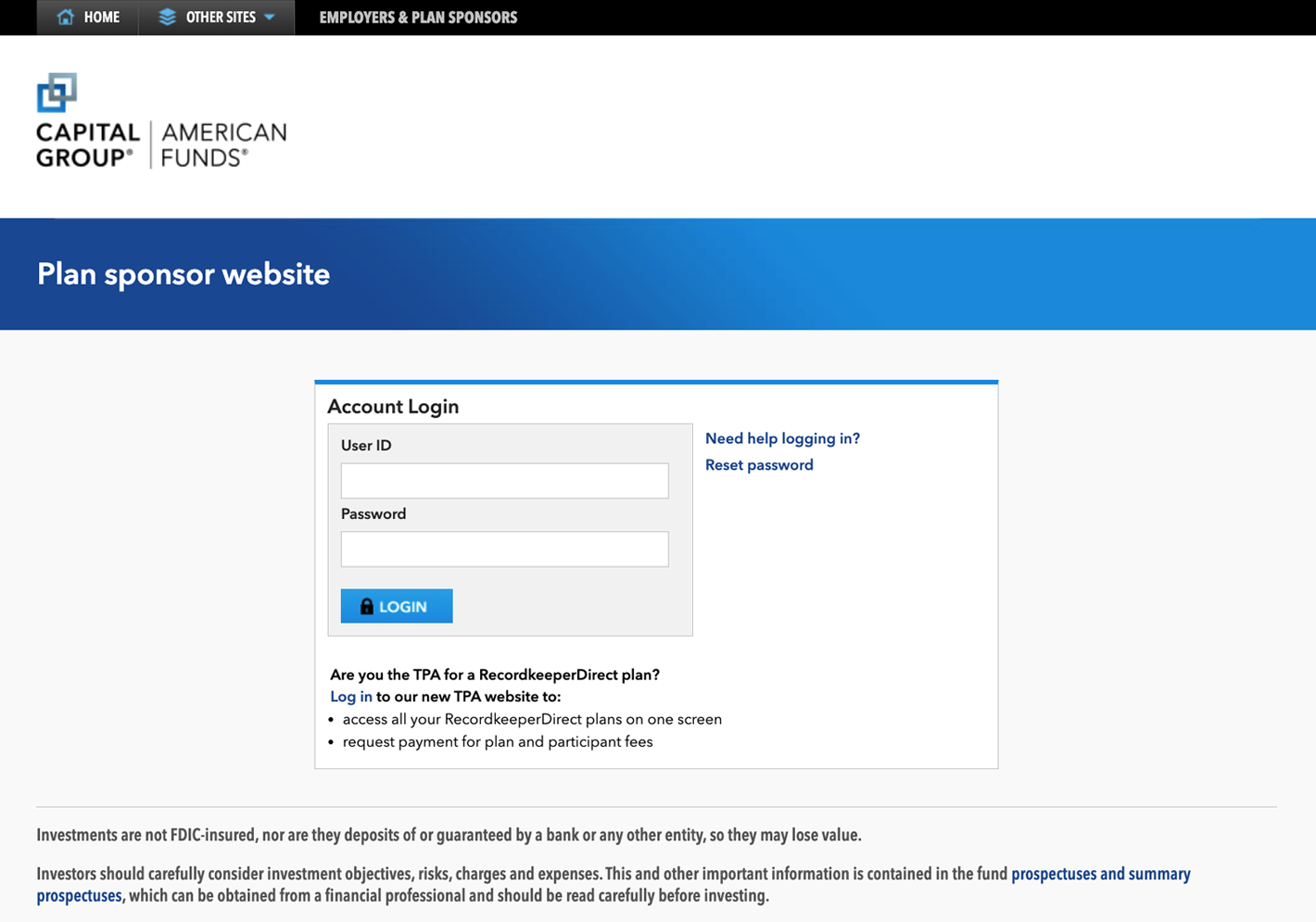 Image shows the RecordkeeperDirect sponsor account login page.