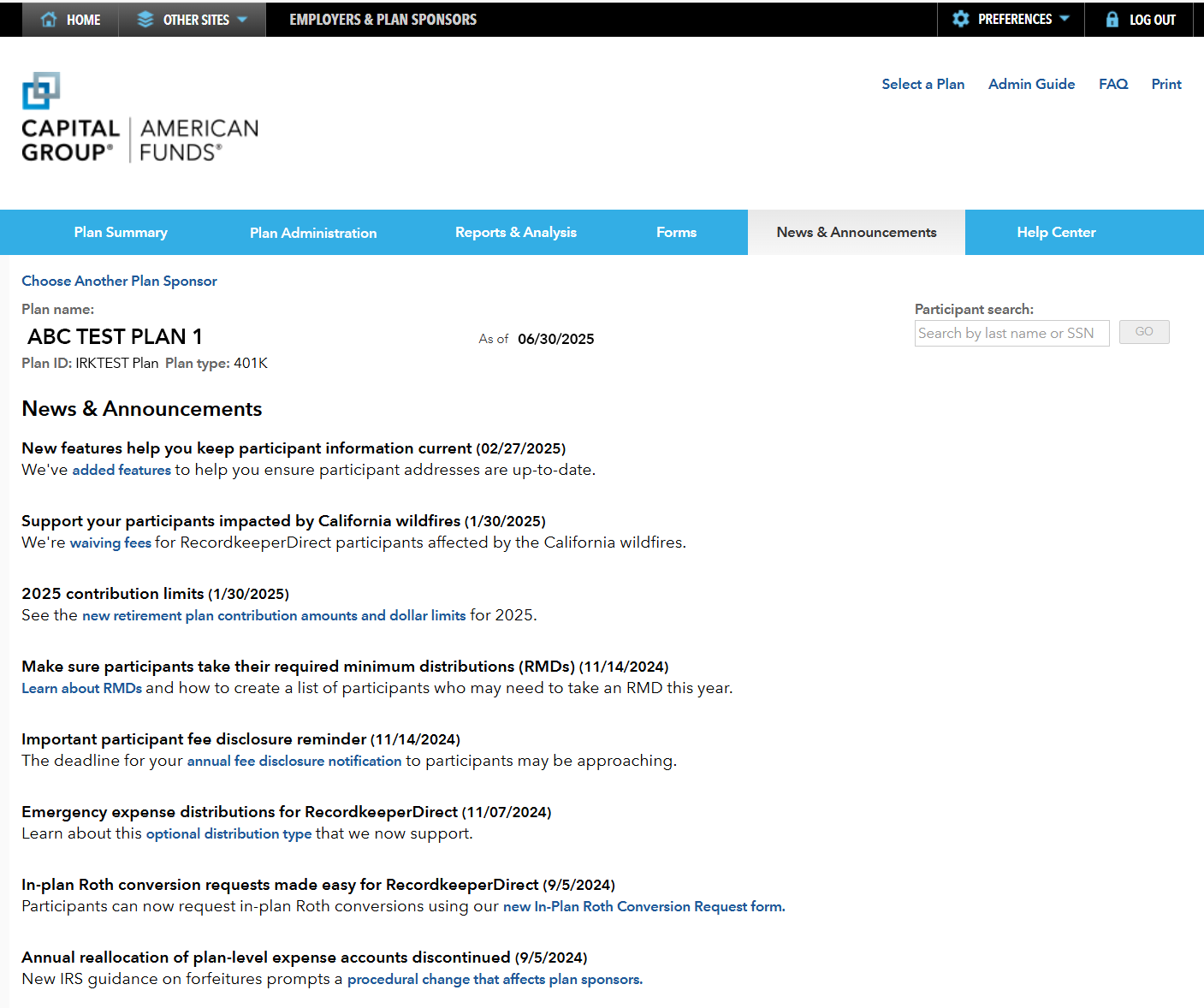 Image shows the News and Announcements page, with links to articles and notices.