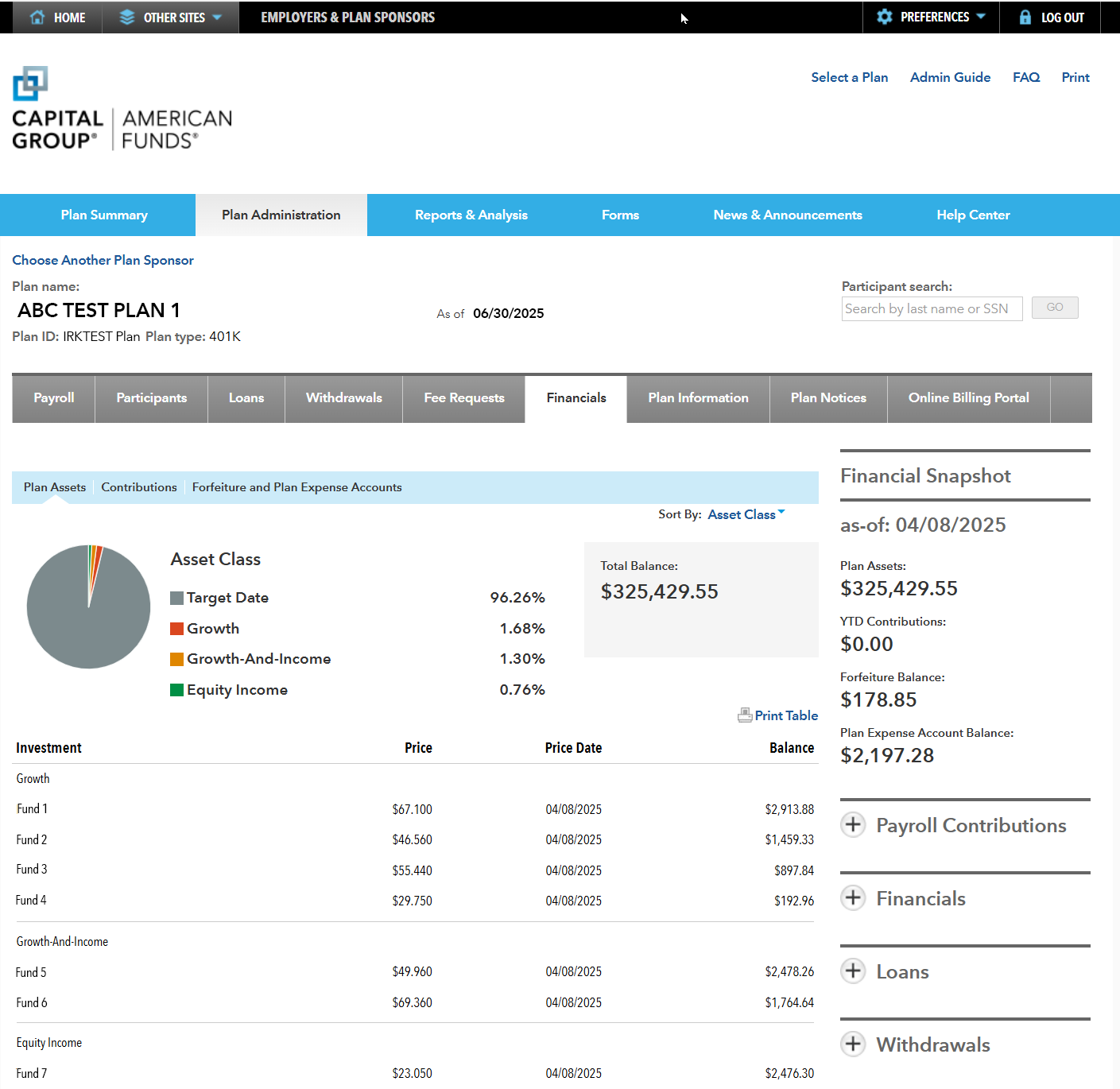 Image shows the financials page showing a breakdown of plan assets by investment option.
