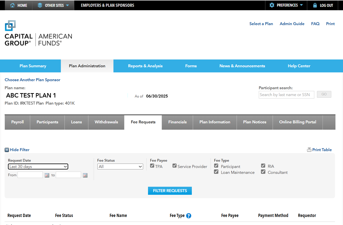 Image shows the fee requests page, with interfaces to review and filter fee requests by date, status, and fee payee and type.