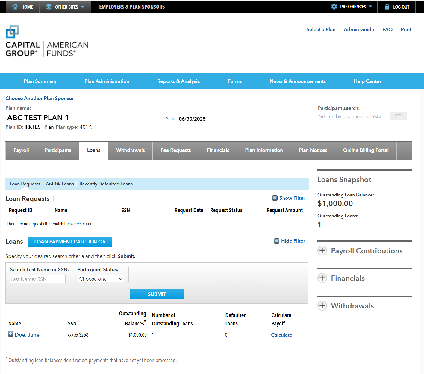 Image shows the loans page, with interfaces to search and review loan information and a button to the loan payment calculator.