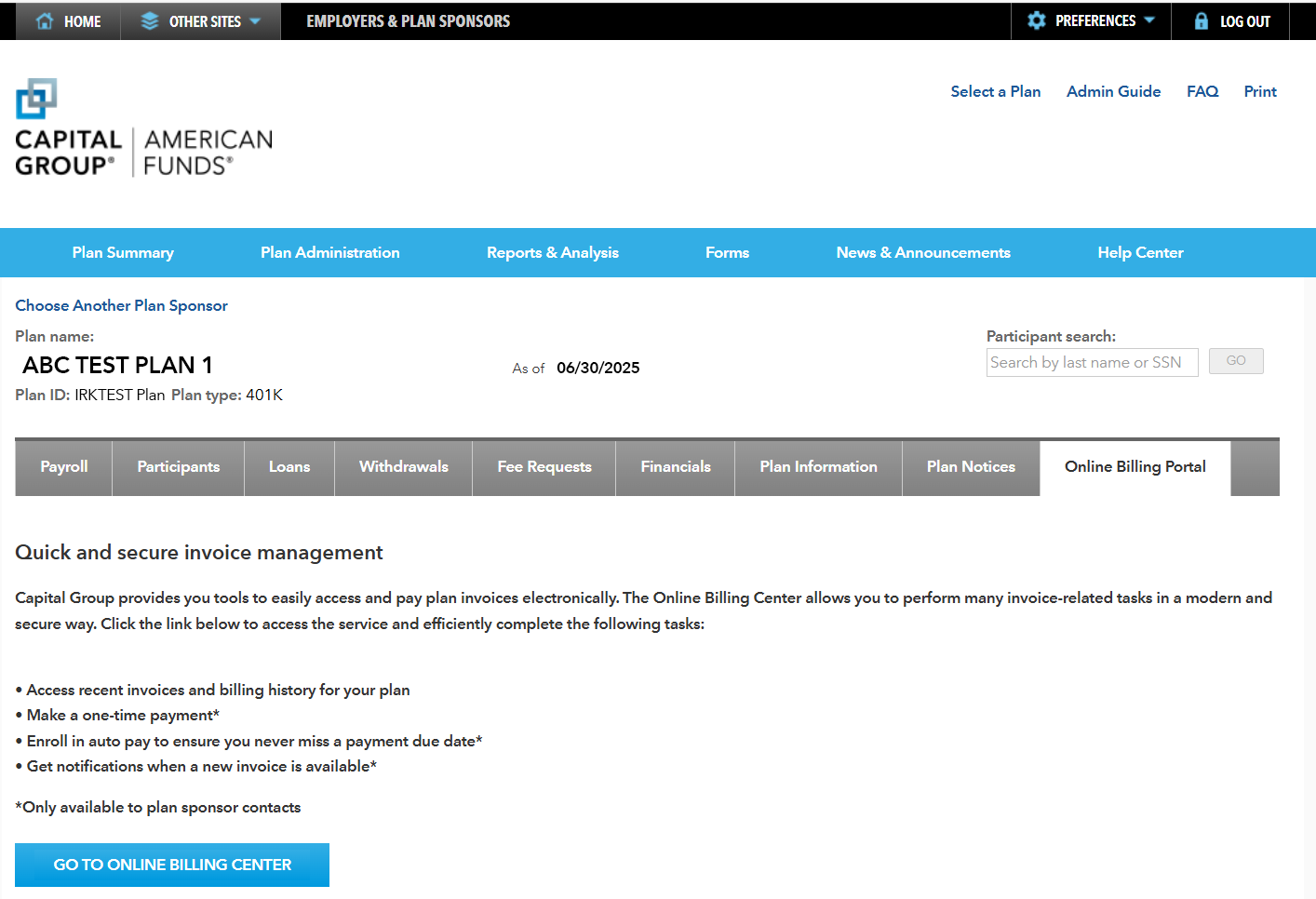 Image shows the Online Billing Portal page summarizing quick and secure invoice management, with a button to enter the portal.