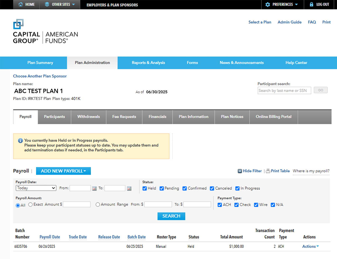Image shows the payroll page, with a button to add a new payroll and various criteria to search payrolls, such as dates, status, and payment types and amounts.