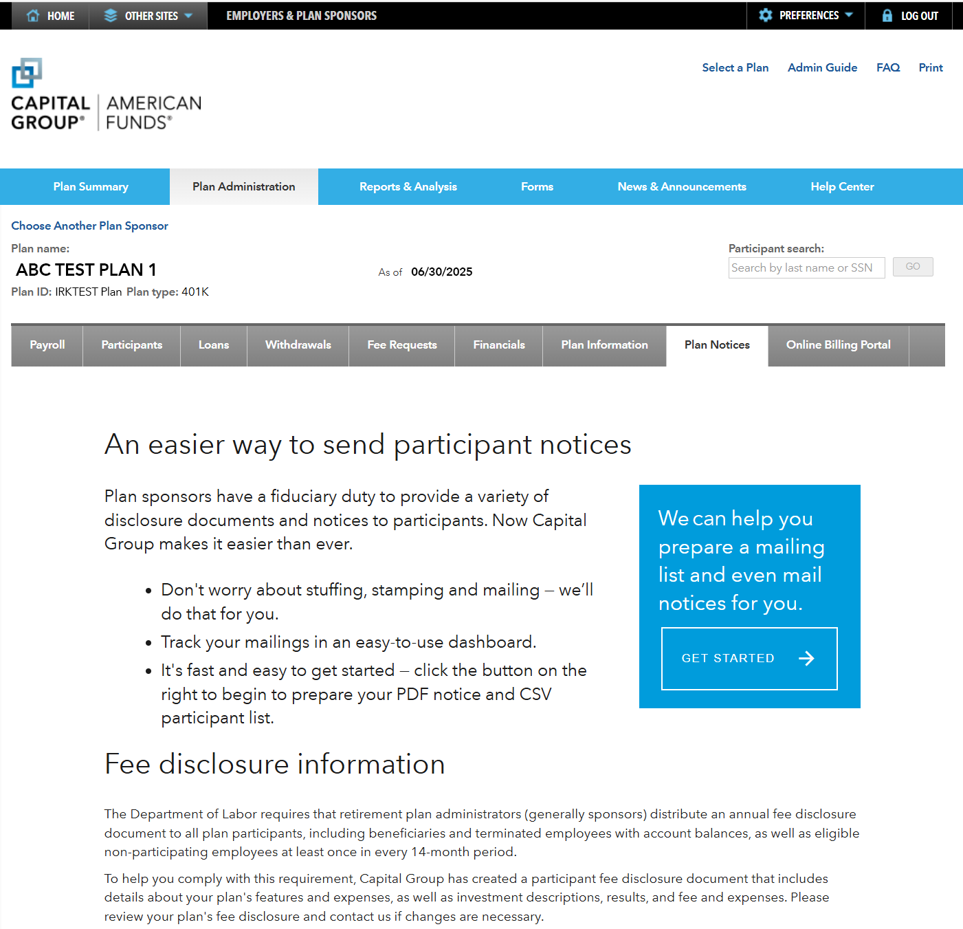 Image shows the plan notices page explaining the ease and convenience of using notice delivery services, with a button to get started.