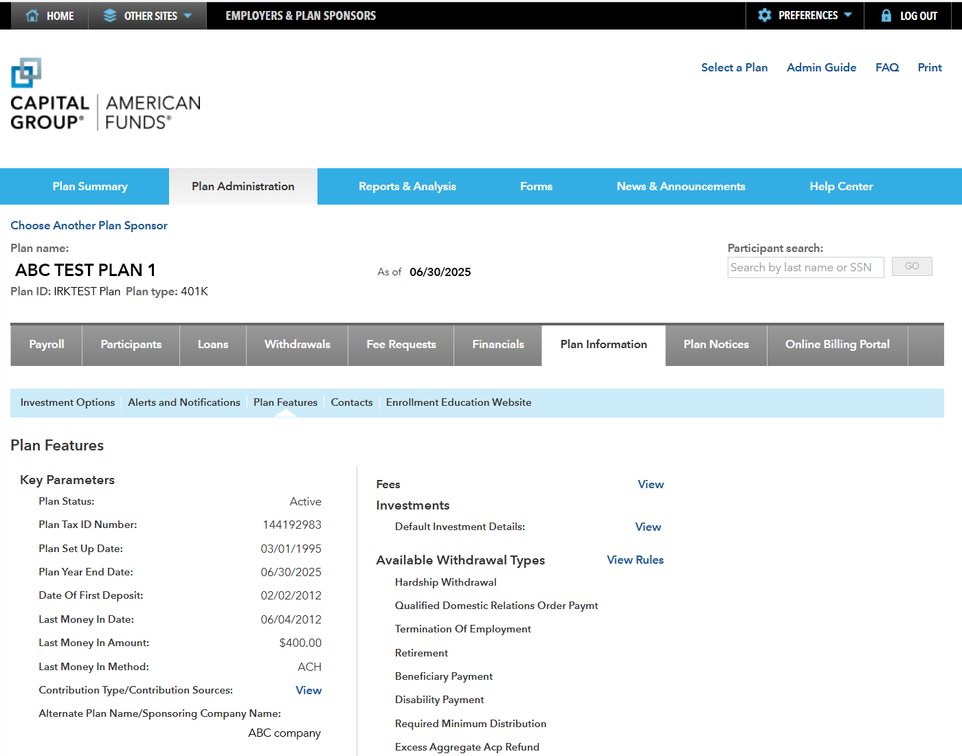 : Image shows the plan information page showing information such as key parameters and available withdrawal types.