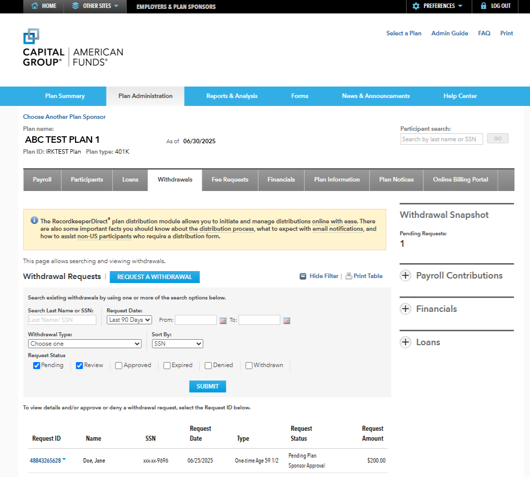 Image shows the withdrawals page, with interfaces to review and manage withdrawal requests and a button to request a new withdrawal.