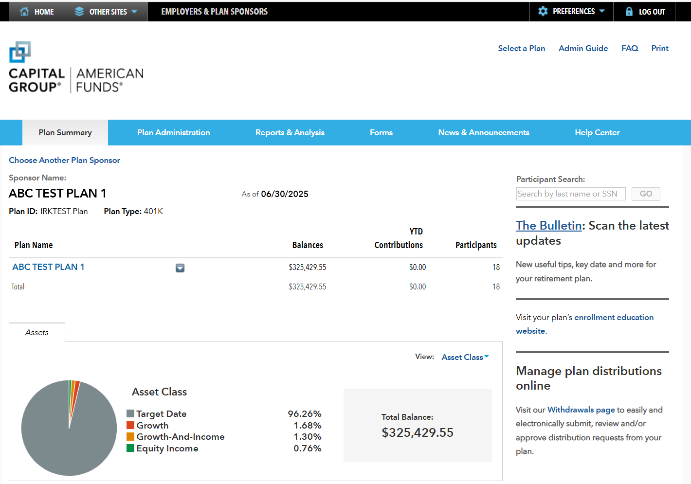 Image shows the Plan Summary page. Navigation tabs appear at the top of the screen, basic plan information appears in the center of the screen, such as the total plan account balance, year-to-date contributions, number of participants, and a pie chart showing a plan asset breakdown by asset class (target date, growth, growth-and-income and equity income.)