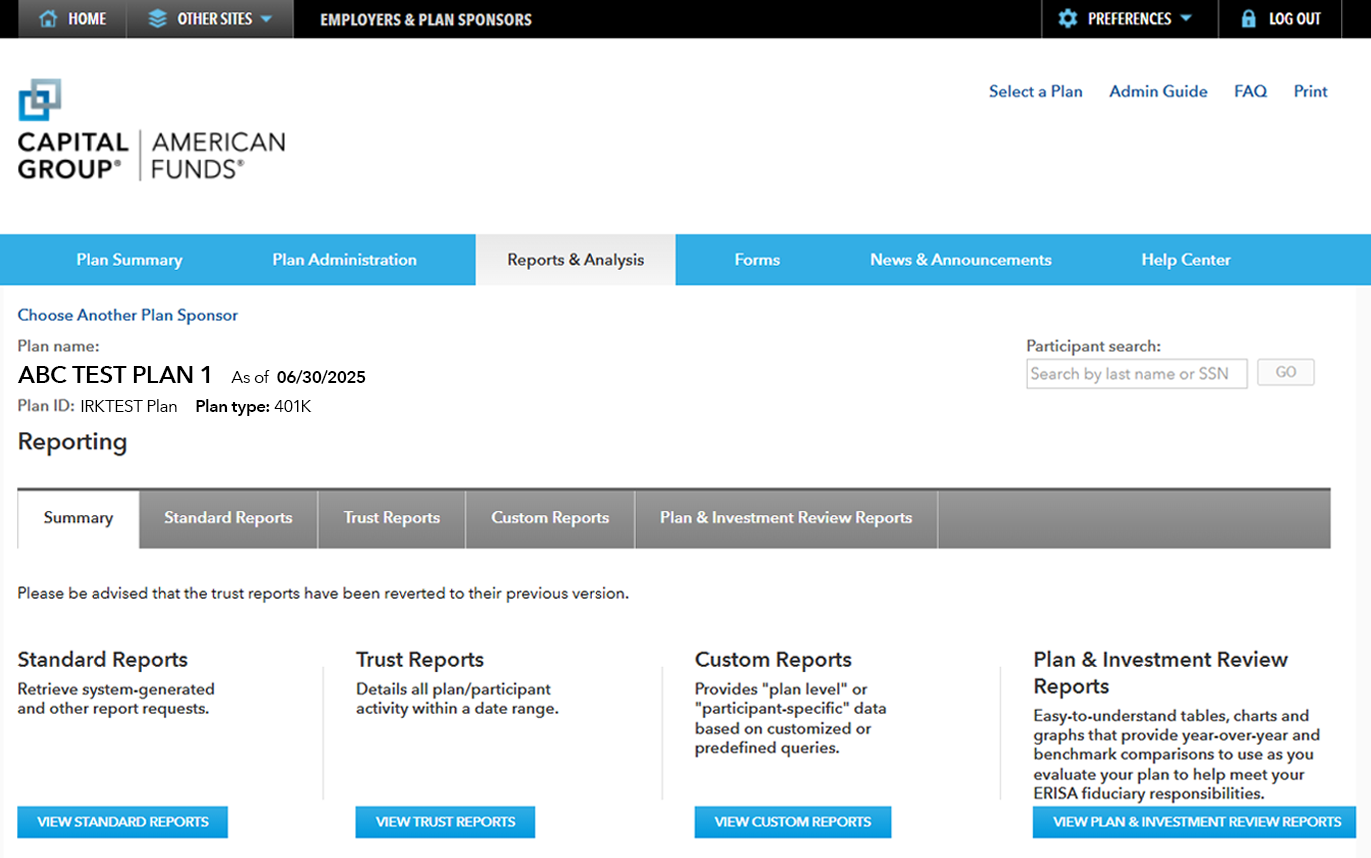 Image shows the Reports and Analysis page, which has links to the different types of reports.