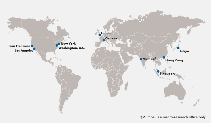 A world map showing the location of Capital Group's 11 global research offices in San Francisco, Los Angeles, Toronto, New York, Washington, D.C., London, Geneva, Singapore, Hong Kong and Tokyo. Mumbai is a macro research office only.