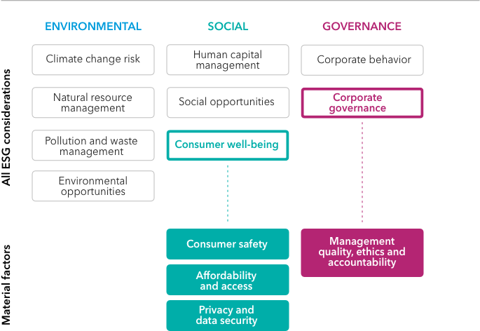 Within the health care services sector, Capital Group analysts have identified the material factors they believe have the greatest impact on the long-term success of a company. They include consumer safety, affordability and access, privacy and data security, and management quality, ethics and accountability.