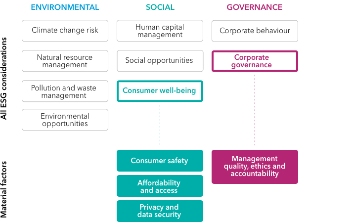 Within the health care services sector, Capital Group analysts have identified the material factors they believe have the greatest impact on the long-term success of a company. Across environmental, social and governance factors, the material factors identified included Social factors of Consumer Well-being covering consumer safety, affordability and access, privacy and data security. Within ‘Governance’ factors the analysts identified Corporate Governance including management quality, ethics and accountability. No environmental factors were considered material factors.