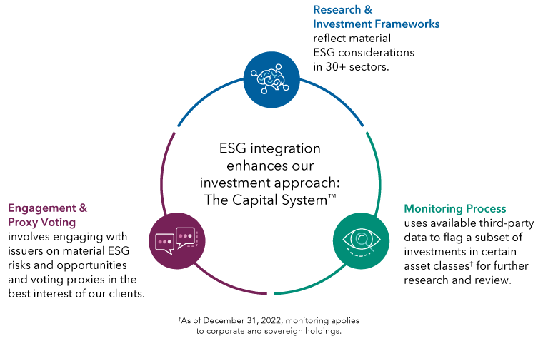 This wheel shows Capital Group’s ESG approach which features three tightly integrated components: Investment Frameworks, a monitoring process and engagement and proxy voting. Our ESG integration enhances our bottom-up research and analysis. Our investment frameworks reflect our views on material ESG issues on a sector-by-sector basis. Our monitoring process flags a subset of investments, based on data availability, that require an elevated level of research and review. Our engagement and proxy voting is an ongoing dialogue with issuers on ESG issues and encourages better practices. 