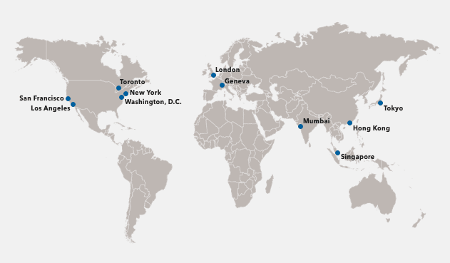 This map shows Capital Group's 11 global research offices: San Francisco, Los Angeles, Toronto, New York, Washington, D.C., London, Geneva, Mumbai, Singapore, Hong Kong and Tokyo.
