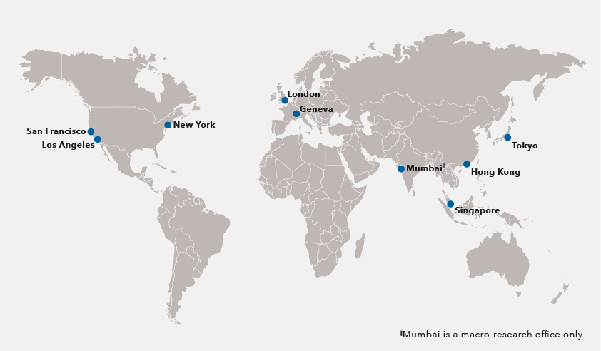 A world map showing the location of Capital Group's 9 global research offices in San Francisco, Los Angeles, New York, London, Geneva, Singapore, Hong Kong and Tokyo. Mumbai is a macro research office only. 