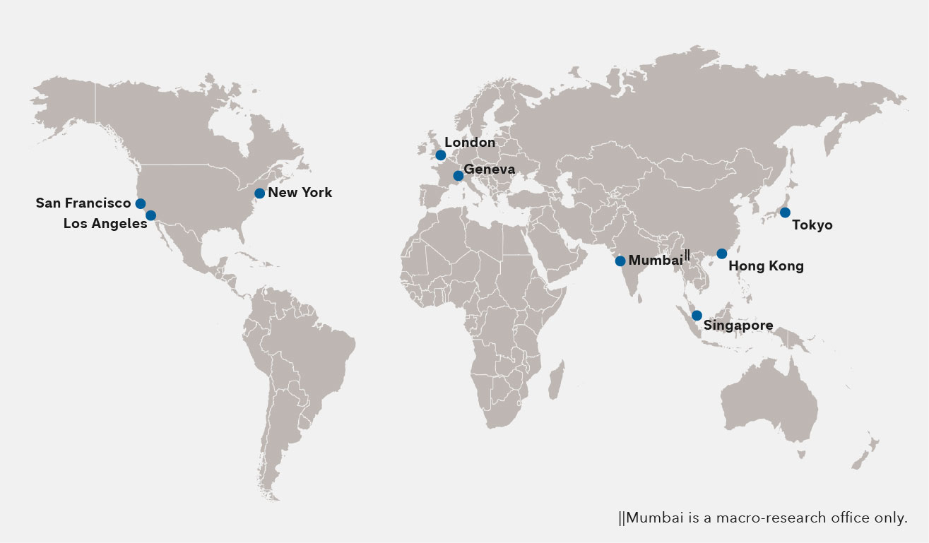 A world map showing the location of Capital Group's 9 global research offices in San Francisco, Los Angeles, New York, London, Geneva, Singapore, Hong Kong and Tokyo. Mumbai is a macro research office only.
