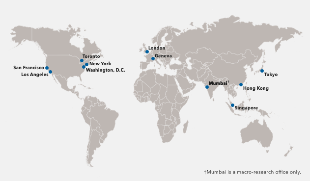 This is a map graphic showing Capital Group's 11 global research offices: San Francisco, Los Angeles, Toronto, New York, Washington D.C., London, Geneva, Singapore, Hong Kong and Tokyo. Mumbai is a macro-research office only.