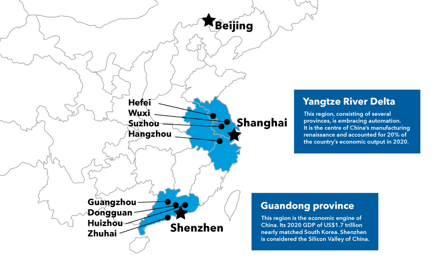 Map shows areas in China that the author visited. The Yangtze River Delta, which encompasses a broad area in and around China’s central coast, is where Shanghai is located. This region, consisting of several provinces, is embracing automation. It is the centre of China’s manufacturing renaissance and accounted for 20% of the country’s economic output in 2020. The Guandong province is located along the southeast coast of China. This region is the economic engine of China. Its 2020 GDP of $US1.7 trillion nearly matched South Korea. Shenzhen, one of the main cities, is considered the Silicon Valley of China.